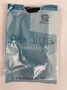 Silkies Ultra Control Top pantyhose in Jet Black, size Large Ultra Sheer